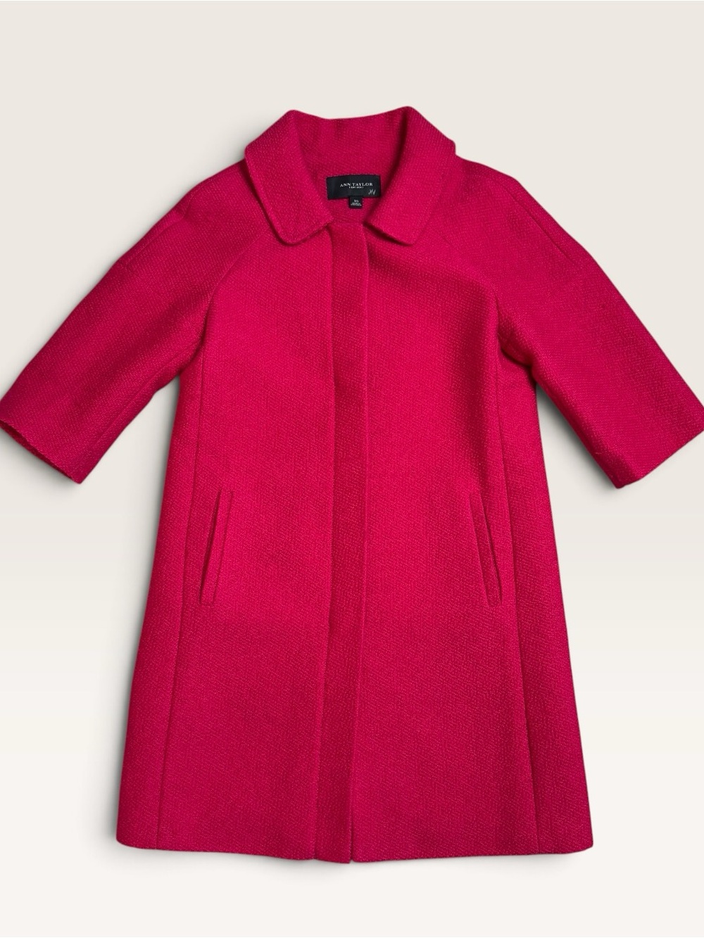Ann Taylor XS Hot Pink Fuchsia Wool Blend 3/4 Sleeve A-Line Coat